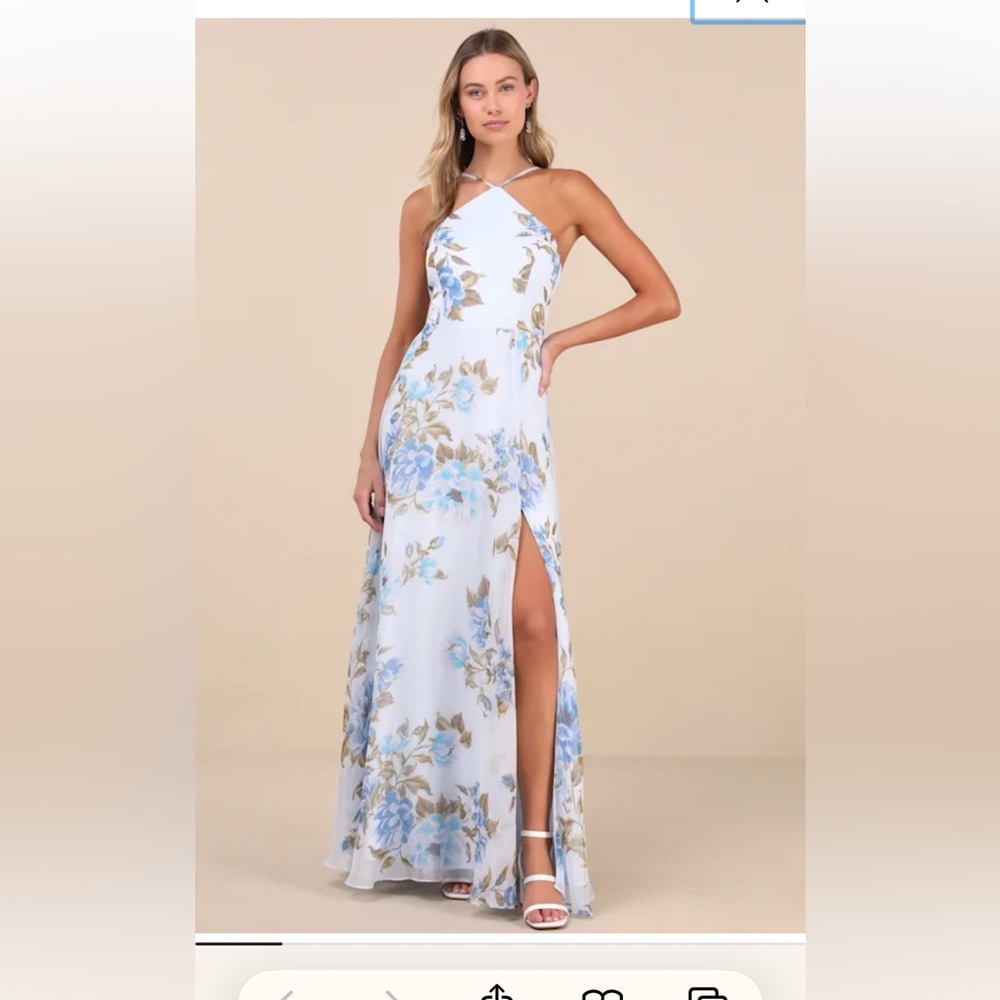Lulu’s White & Blue Floral Halter Maxi Dress